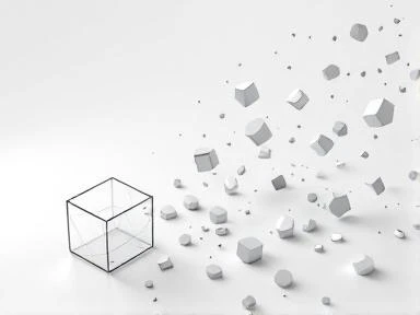 3D wireframe cube dissolving into scattered geometric fragments on white background with soft gray shadows