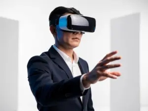 Professional in VR headset reaching forward in a minimalist white corporate setting with navy and electric blue tones.