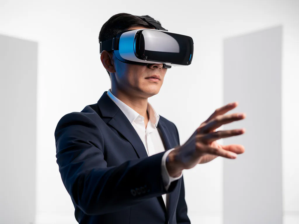Professional in VR headset reaching forward in a minimalist white corporate setting with navy and electric blue tones.